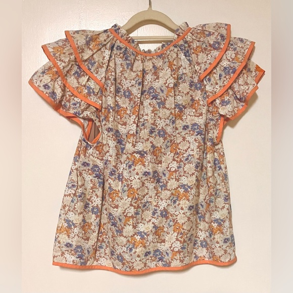 Flutter Ruffled Sleeve Floral Top in Orange/Lavender/Cream - Size S (Boutique) - Picture 2 of 7